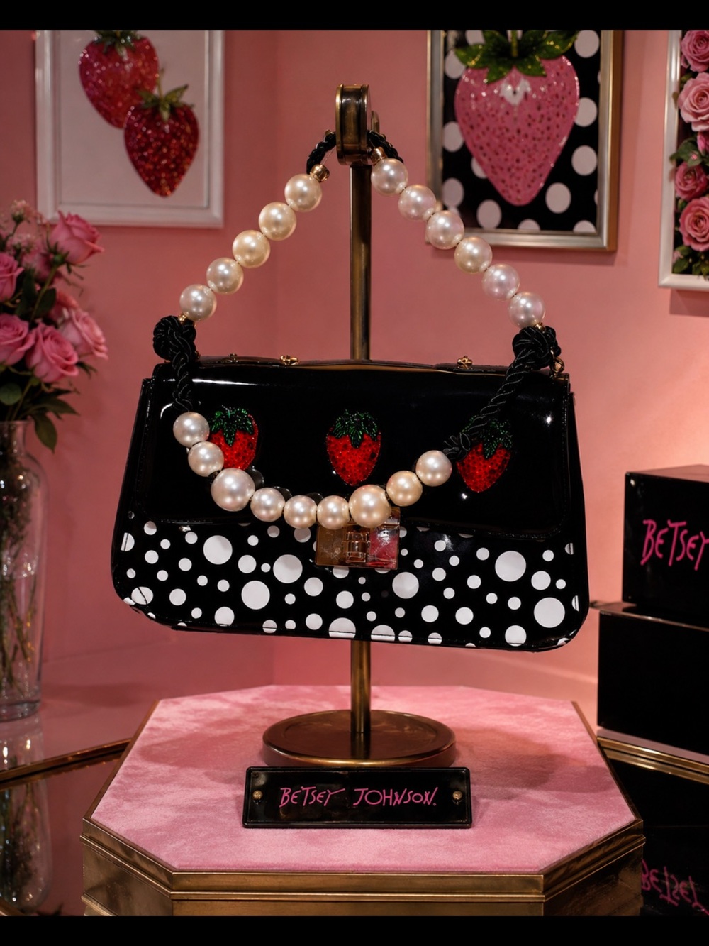 Rare Betsey Johnson Black Polka Dot Strawberry Pearl-Handle Shoulder Bag